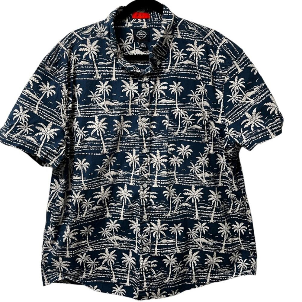 St John’s Bay Men’s XXL Blue Button Short Sleeve Hawaiian Palm Trees Shirt